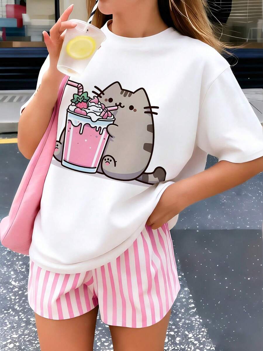 Camiseta de Algodón para Niñas - Estampado de Gatita Rosa Bebiendo Té con Leche - Cuello Redondo - Manga Corta - Primavera, Verano y Otoño - Ideal para Jugar y Salidas Casuales Una camiseta - Blanco - Ver 1