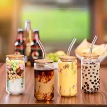 1 Set High Borosilicate Glass Water Cup, Includes 500ml Cup With Lid + Glass Straw + Straw Brush, Cute Reusable Glass Bottle, Iced Coffee Cup, Tea Cup, Suitable For Restaurant - Multicolor - View 1
