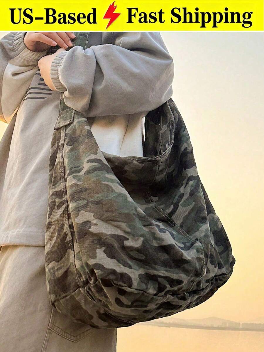 Women's Large Canvas Camouflage Green Tote Bag Street Style Crossbody Shoulder Bag Travel Essential Chic Green Purse For Camping Hiking Back To School - 彩色 - 查看 1