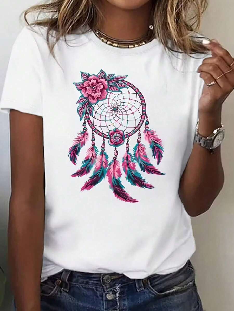 Short-Sleeved T-Shirt With Colorful Print, Casual Round Neck Blouse, Women's Clothing For Spring And Summer 1 Sexy Casual Sweet Party Elegant High Elasticity Beach Vacation Bo - 白色背景上的紫色捕夢網 - 查看 1