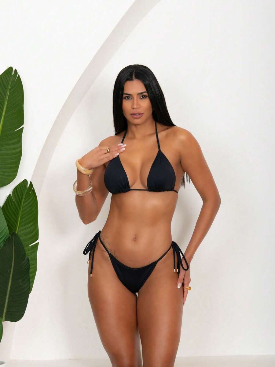 Triangle Bikini With Double Polyamide String Tie-Up Panties - Black - View 1