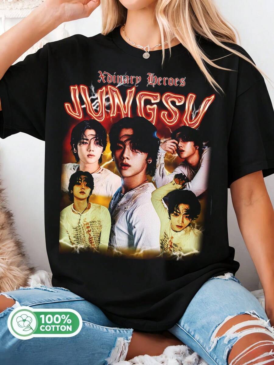 Jungsu Xdinary Heroes Retro T-Shirt, Xdinary Heroes Beautiful Mind World Tour T-Shirt, Xdinary Heroes Live And Fall Album Print Sweater Tee - Black - View 1