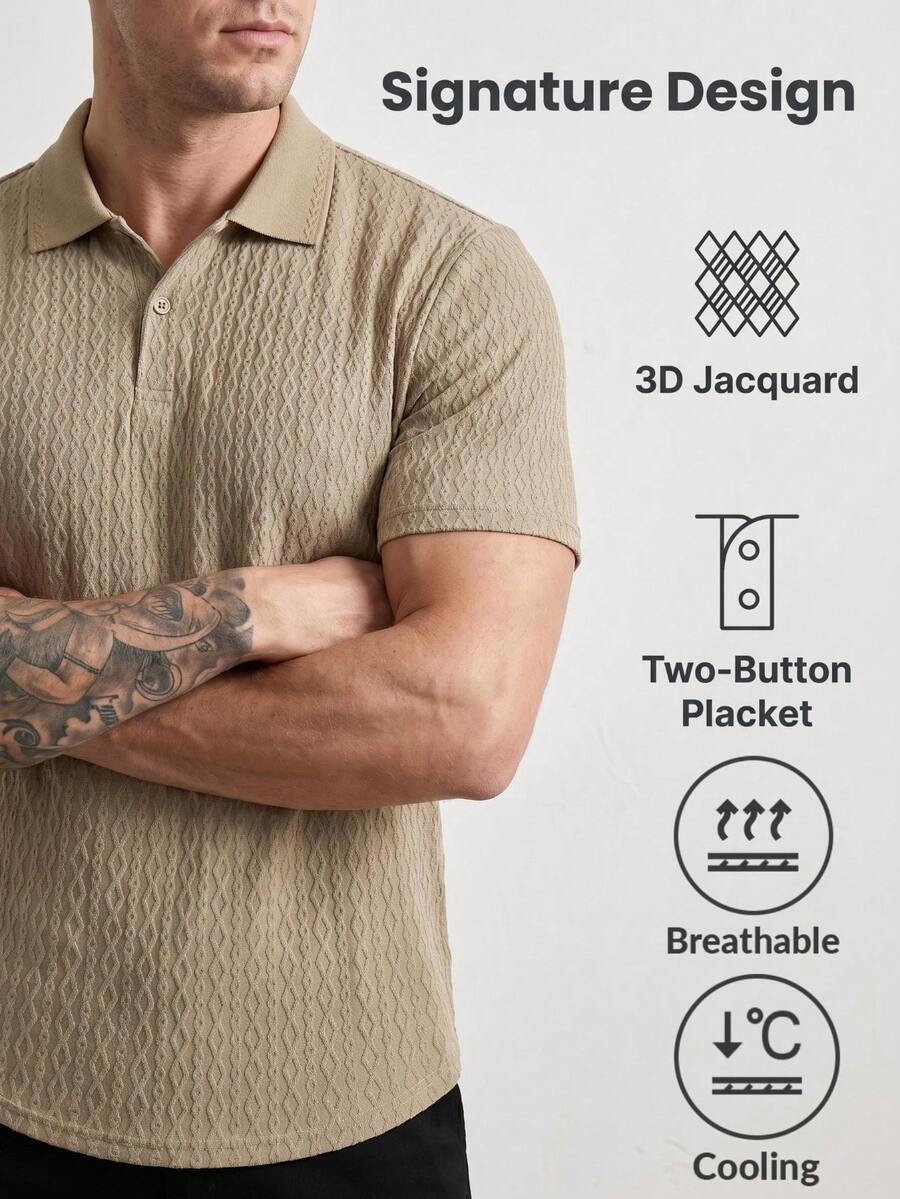Men's Quick-Dry Ice Silk Loose Thin Knit Jacquard Craft POLO Shirt Summer Short Sleeve Street Style Solid Color Top - Khaki - View 1