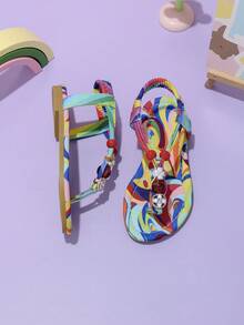 1 Pair Girls Rainbow Print Thong Flat Sandals With Pearl & Rhinestone Decor, Slip-On Design For Daily Wear - Multicolor - View 6