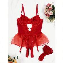 Lilosy Sexy Stocking Rhinestones Heart Garter Underwire Floral Mesh Lace Sheer Babydoll Lingerie Teddy Bodysuit Skirt Set - 心形紅 - 查看 5