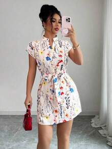 - Colección de ropa femenina de moda  LUNE Vestido elegante de verano para mujer con estampado completo, cuello con muesca y manga corta - Multicolor - Ver 1