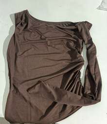 Elegant Suplex T-Shirt Top With Asymmetrical Shoulders And Straps, Ideal For Daily Use, Outings, Nightclubs, Parties, Halloween Costumes - 咖啡棕 - 查看 10