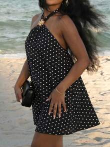Plus Size Women's Halter A-Line Polka Dot Print Loose Short Dress, Suitable For Daily Wear And Vacation Elegant Black Party Summer - Black - View 5
