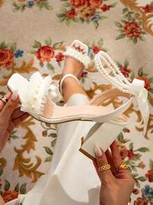 Women's Fairy Style 2026 New Summer Versatile Lady Pearl Bow Chunky Heel High Heels Personalized Outdoor Wear Korean Version Elegant Sweet Women's High Heels - Beige - View 7