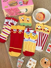1/5 Pairs Creative 3D Eyeball Mid-Calf Socks, Cute Fries & Burger Socks, Unisex, Suitable For Couples, Families, Best Friends, Casual Versatile Fashion Socks - Multicolor - View 1
