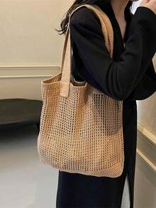 女款大容量波希米亞風鉤編針織單肩包，時尚鏤空編織托特包，女款手工編織單肩包，新款女款休閒通勤鏤空包，大容量編織手提包，夏季、海灘、復古風格簡約百搭，開口設計，適合休閒商務女性，旅行必備，海灘度假與休閒出遊，海灘包，休閒夏季旅行，適合海灘探險、購物、日常使用 - 彩色 - 查看 10