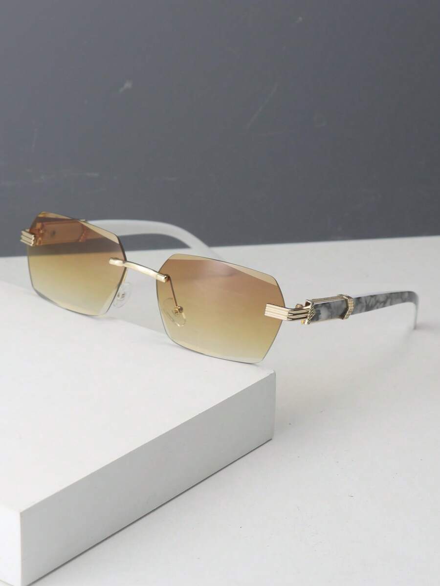 1pc Frameless Rectangular Men's Fashion Glasses Vintage Glasses Suitable For Outdoor Vacation Use - Brown - View 1