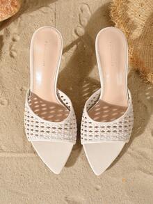 Pointed Toe Hollow Woven High Heel Half-Sling Sandals - Beige - View 7
