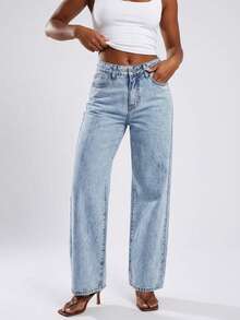 Soulscape Celana Jeans Wanita Pinggang Tinggi Potongan Lurus Warna Terang Kasual Denim Musim Gugur - Biru - View 4