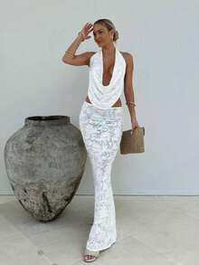 Modelo conjunto de encaje espalda descubierta  europea y americana - Blanco - Ver 3