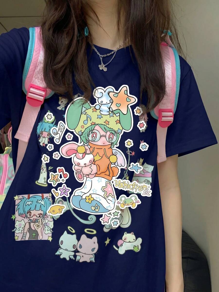 Y2K次文化甜酷俏皮全幅卡通印花女款短袖T恤,寬鬆版型水母天使復古圖案,夏季顯瘦性感短袖上衣 - 藏藍 - 查看 1