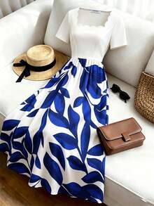 Dirp Noir Women's Early Autumn White & Klein Blue Large Leaf Plant Contrast Print Patchwork Wavy Square Neck Short Sleeve Ruched Mid-Length Drape Satin Dress, Suitable For Independence Day City Street Parade, European Town Street Photography, Light Business Afternoon Tea, Beach Casual Date, Spring/Summer Short Trip, Mexican Style - Blue and White - View 7