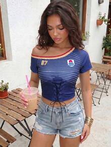 Camiseta corta ajustada de mujer para verano y primavera, estilo casual mexicano, de malla de jersey, con cuello asimétrico y diseño cruzado, estilo Blokette Blokecore para vacaciones - Morado - Ver 5