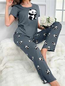 Conjunto de pijama de manga corta para mujer (estampado de pandas, con pantalón largo) - Casual, cómodo y un imprescindible para el hogar. - Verde militar - Ver 1