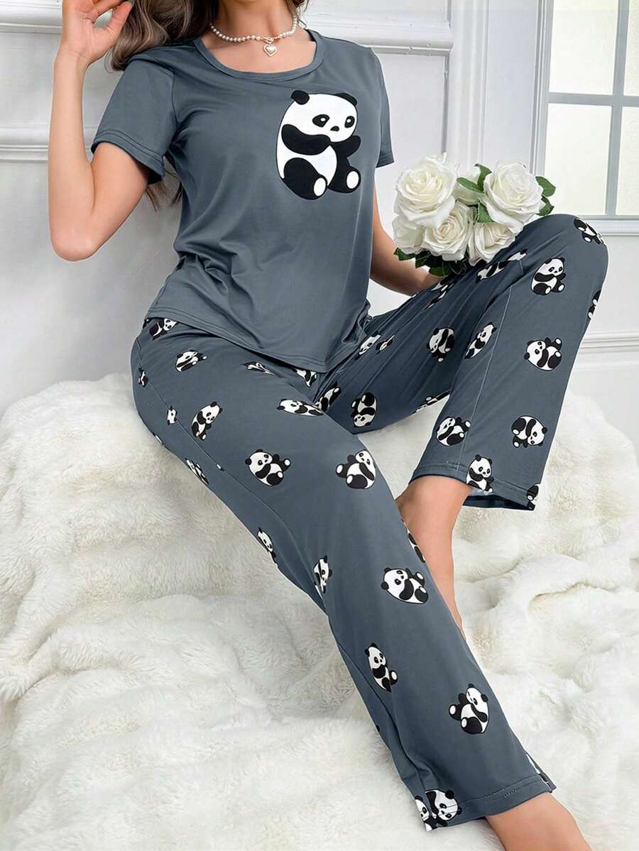 Conjunto de pijama de manga corta para mujer (estampado de pandas, con pantalón largo) - Casual, cómodo y un imprescindible para el hogar. - Verde militar - Ver 1