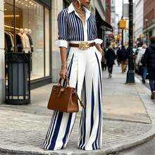 Women's Striped Co-Ord Set Business Casual Woman, Long Sleeve Top & Belted Wide-Leg Pants, Elegant Outfit For Business & Daily Wear (Belt Included) - Blue - View 1