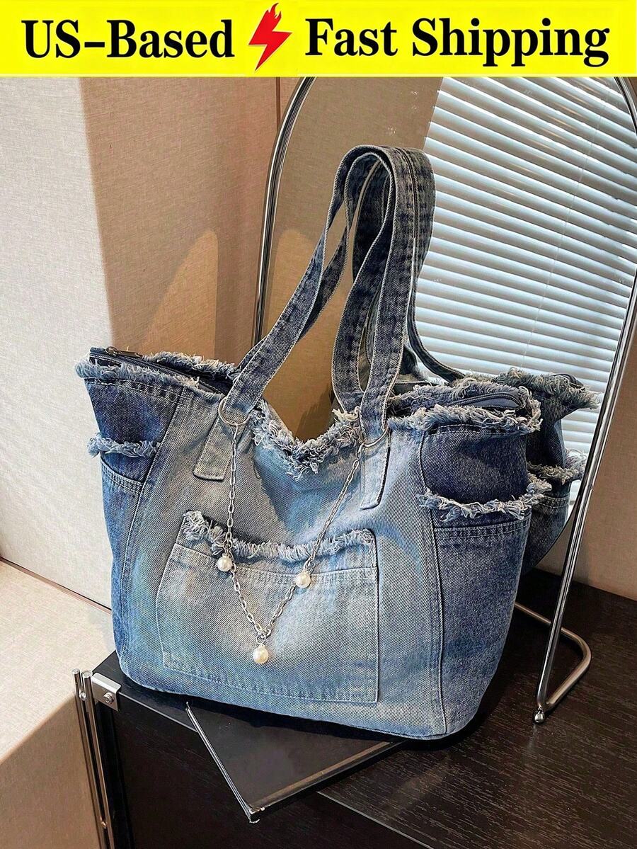 Vintage Chain Decorated Jean Tote Bag For Women Casual Washed Shoulder Bag Summer Spacious Purse Handbag For Cow Girl Travel Essential Back To School - 彩色 - 查看 1