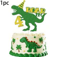 1 pièce/3 pièces Décoration de gâteau d'anniversaire en forme d'œuf de dinosaure, dinosaure vert et or pailleté - Multicolore - Voir 8