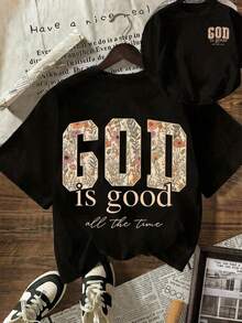 Plus Size Black T-Shirt For Women With The Slogan "God Is Good All The Time" And Floral Print On The Letters, Short Sleeve, Casual Style. - 白色 - 查看 10