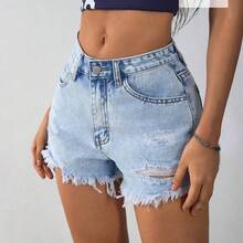 yonghongmaoyi1   Shorts vaqueros de mujer con bolsillos desgastados y deshilachados, de estilo casual - Gris Oscuro - Ver 9