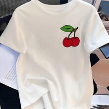 Camiseta informal de manga corta para mujer con pecho izquierdo, cuello redondo con estampado de cereza roja para atuendo informal, ropa de vacaciones de verano para mujer - Multicolor - Ver 1