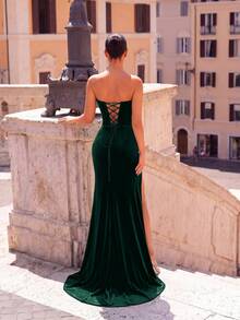 ADYCE Women's Deep V Neck Backless Long Party Dress With Rhinestone Decor, Pleated Slit Front, Elegant Formal Gown For Wedding, Prom, Gala Events Spring - Dark Green - View 2
