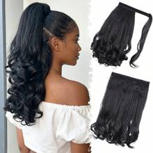 2pcs Yaki Ponytail Hair Accessories Set: Wrap-Around Curly Ponytail + Clip-In Hair Bun, Instantly Adds Length And Volume For All Hair Types - Black - View 3