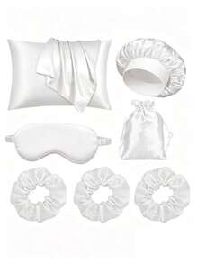 Bộ đồ ngủ 7 món dành cho nữ bao gồm vỏ gối, mũ tắm, mặt nạ ngủ, túi đựng trang trí, dây buộc tóc, thích hợp cho giấc ngủ ban đêm. - Nhiều màu - Xem 15