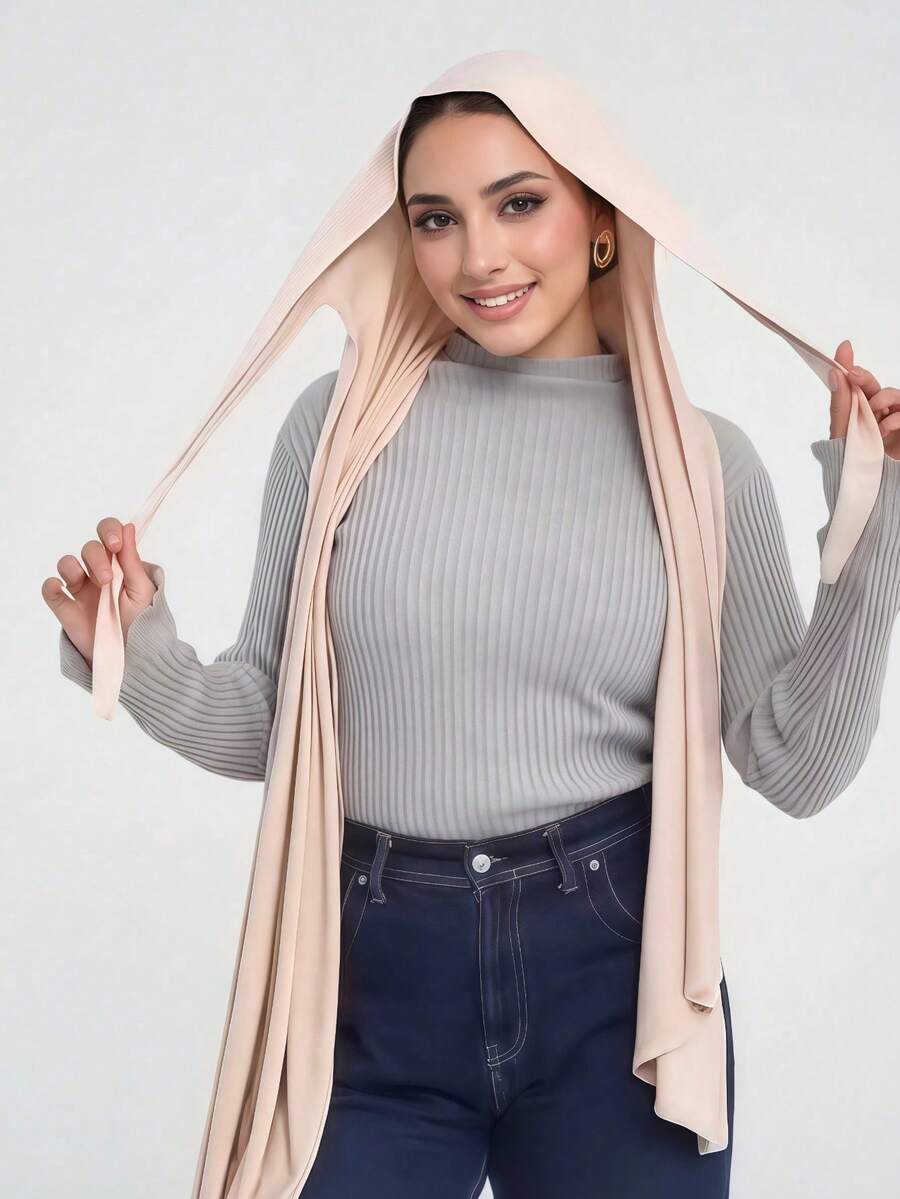 1pc Lace-Up One-Piece Knitted Muslim Hijab, Soft Breathable Anti-Pilling Lace-Up Headscarf, Comfortable Daily Muslim Hijab Suitable For All Seasons, Easy To Wear And Style - Apricot - View 1