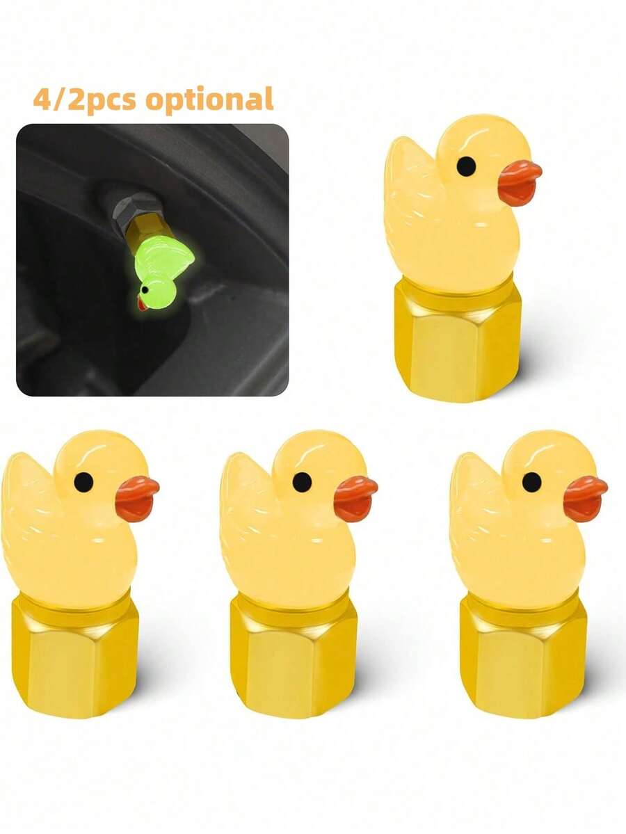 4/2 Packs Cute Duck Tire Valve Caps, Glow In The Dark Tire Valve Caps, Interesting And Practical Tire Decoration, Can Be Used For Cars, Motorcycles, Trucks, And Bicycles - Multicolor - View 1