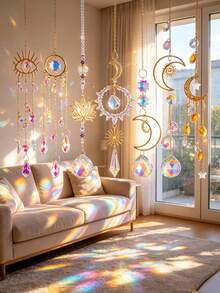 7pcs Snow Lotus Crystal Suncatcher, Window Hanging Suncatcher, Crystal Prism Decor, Indoor Outdoor Home Party Wedding Decoration - Golden Lotus 7-piece Set - View 7