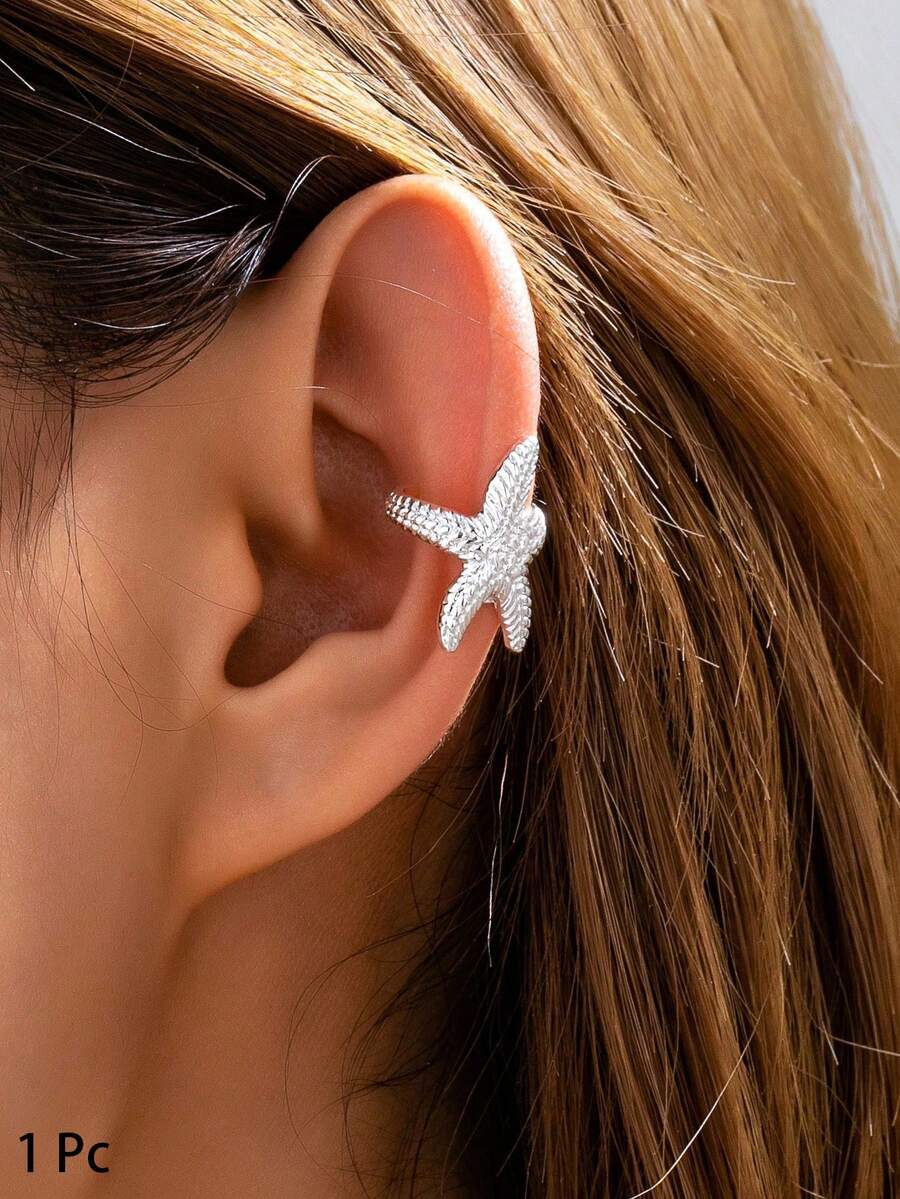 1pc Ocean Theme Starfish Ear Cuff For Women, Marine Life Starfish Clip-On Earrings Suitable For Beach Vacation Wear, Vacation Jewelry Accessories - Silver - View 1