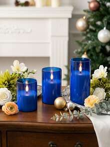 3pcs Flameless Candle Lights, With Remote Control/Timer Function, Battery Powered, Suitable For Christmas, Halloween, Valentine's Day, Mother's Day, Gift, Birthday, Proposal, Wedding, Dining Table, Party - Blue - Warm Light - View 5
