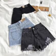 Shorts Vaqueros de Moda Coreana para Mujer, Shorts de Mezclilla Azul de Cintura Alta, Casuales de Verano, con Bolsillos, Borlas y Perforaciones, Estilo Y2K - BLANCO - Ver 2