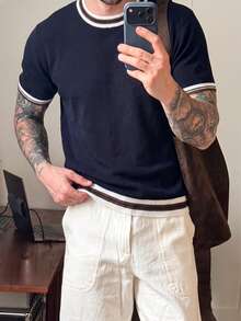 Men's Classic Colorblock Crew Neck Short Sleeve Sweater, Suitable For Summer Outings, Essential Fashion Knit Top - Navy Blue - View 6