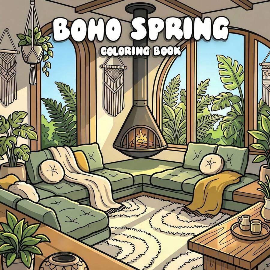 Bohemian Style Coloring Book Filled With Exquisite Interior Scenes, Plants, Woven Textures And Relaxing Bohemian Spaces, Single-Sided Printing, 24 Pages, Children's Coloring Book, Perfect Birthday Gift