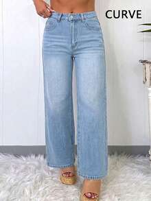 Plus Size Women Casual Loose Straight Leg Long Denim Jeans Spring - Light Wash - View 3
