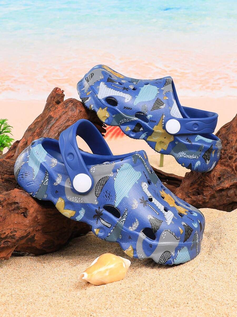Cute Cartoon Dinosaur Letter Pattern Hollow Out Clogs - Navy Blue - View 1