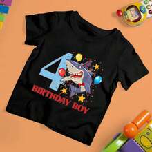 Conjunto de cumpleaños infantil con estampado de tiburones Camisetas de cumpleaños con números del 1 al 9 Camisetas para niños con temática de tiburones Camiseta de manga corta para niños - Negro - Ver 1