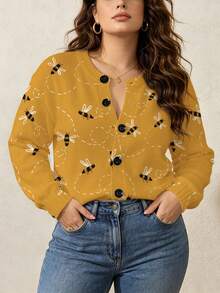ASHKATIA Yellow Bee Pattern Women's Plus-Size Vintage Cardigan Sweater, Fall Winter Knit For Social Occasions - Multicolor - View 7