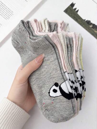 5 Pairs Women Cute Panda Pattern Ankle Socks, Soft Cotton Breathable Casual Socks, Preppy Style Everyday Socks For Spring/Summer