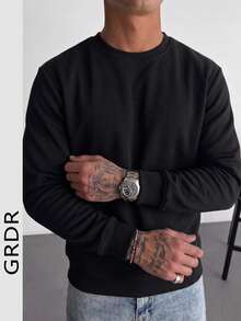 Men's Casual Versatile Solid Color Crew Neck Sweatshirt - Black - View 2