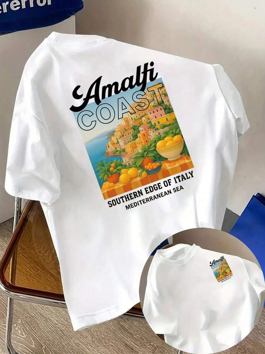 Men's T-Shirt From Amalfi, Southern Italy, With A Printed Design On The Front And Back. This Short-Sleeved Men's Fashion Shirt Is Suitable For Casual Daily Wear And Fitness Activities. - 白色 - 查看 1
