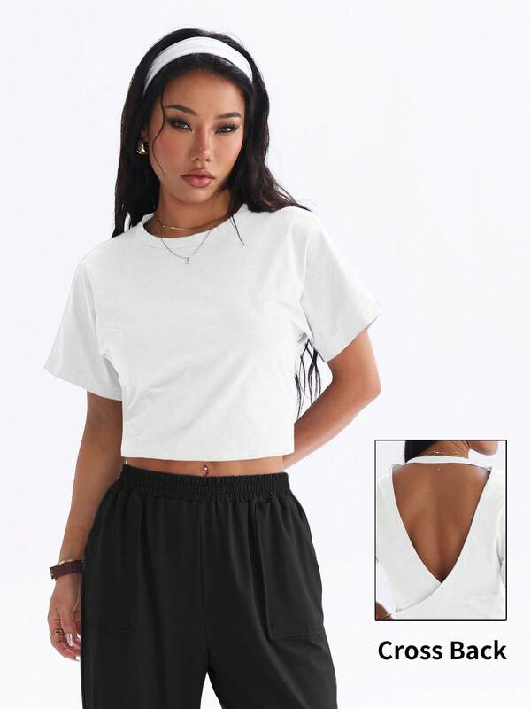 Spring/Summer Women's 1 Piece Back Criss-Cross Hollow Design Elastic Short Sleeve T-Shirt, Suitable For Gym Workout, Running, Outdoor Leisure, Hiking, Tennis, Daily Commute Cropped Top