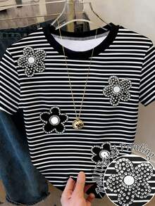 Camiseta de manga corta de cuello redondo casual con ribete de contraste para mujer, verano - Multicolor 2 - Ver 1